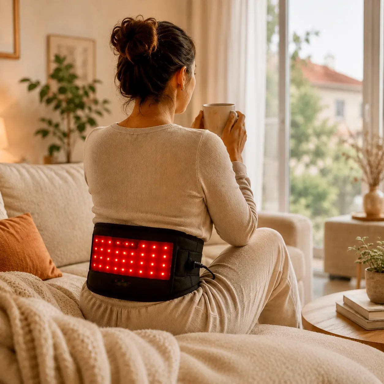 Femme portant la ceinture HOOMM de luminothérapie rouge, moment de détente à domicile 