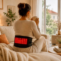 Femme portant la ceinture HOOMM de luminothérapie rouge, moment de détente à domicile 